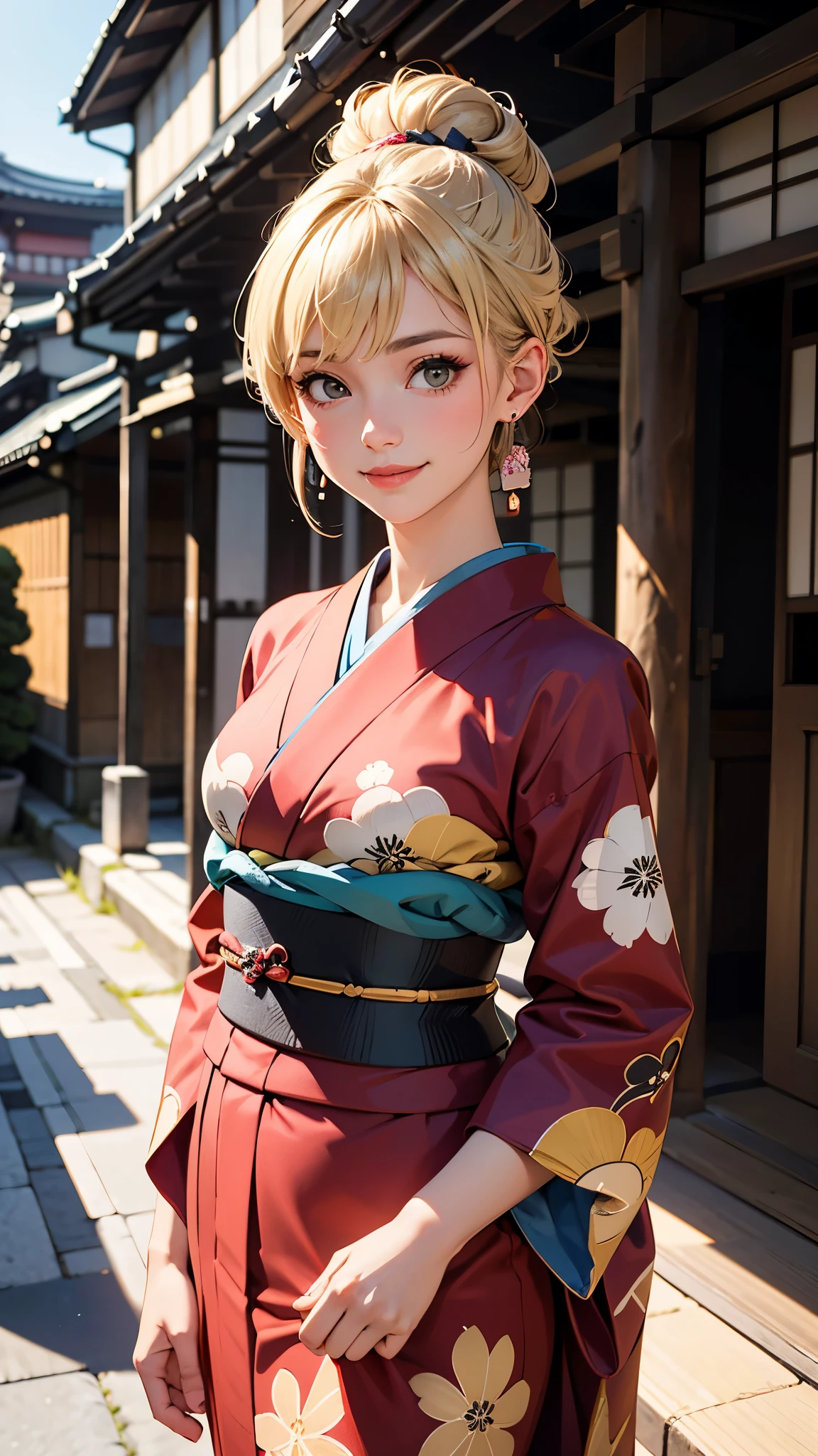 (RAW photo, best quality), (Beauty photography:1.3),(masterpiece), Composition from the waist up,((American Woman)),((Blonde Hair)), ((chignon)), looking at the viewer, standing, smiling, earrings, outdoors, Detailed traditional Japanese kimono,asymmetric_bangs,Streets of Kyoto, Japan、((formal japanese kimono))、((Background blur)),sony A7R 80mm f1.6 Lenses