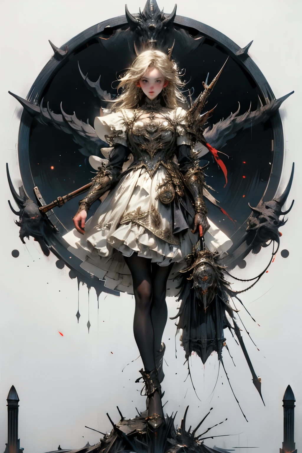 ((best quality)), ((masterpiece)), (detailed), perfect face ((best quality)), ((masterpiece)), (detailed), blank white background, plain background, white background, Bloodborne inspired, occult aesthetic, occult, detailed and intricate steampunk and detailed gothic, NSFW, Very dramatic and cinematic lighting, cosmic horror, grim-dark, side-lighting, perfect face, a beaituful goddess adorned and enshrined in armour, Bloodborne inspired , occult aesthetic, occult, detailed and intricate steampunk and detailed gothic, wielding a sword and holding a shield, NSFW, Fluttering lace flared long knee length dress with frilly petticoats, knee length dress, pleated petticoats, ta dress, petticoats gothic loliside-lighting, gothic lolita aetic, beautiful small breasts, small breasts, full body, whole body, body, plain background, white background, blank background, no background, white background NSFW, full body, whole body, head-to-toe