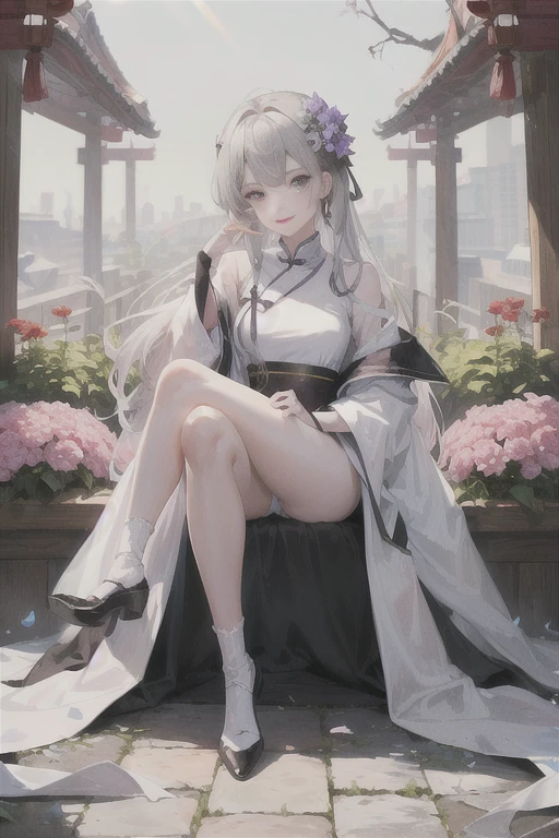 masterpiece, Excellent, daytime, outdoor, Falling Flowers, Branches, China人, China, 1 girl, Perfect Woman, Woman with long silver hair, Gray blue eyes, Light pink lips, cold, Serious, Prosperity, Purple Eyes, White clothes, black clothing series, Delicate face, Delicate face, Sitting Legs, Smile