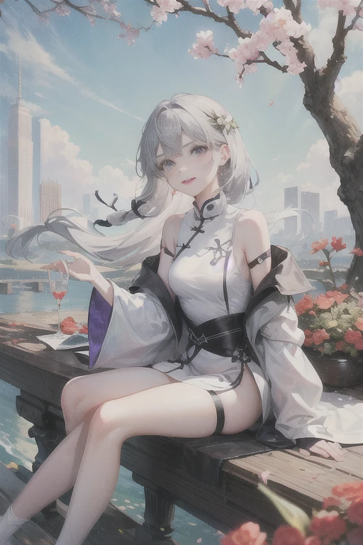 masterpiece, Excellent, daytime, outdoor, Falling Flowers, Branches, China人, China, 1 girl, Perfect Woman, Woman with long silver hair, Gray blue eyes, Light pink lips, cold, Serious, Prosperity, Purple Eyes, White clothes, black clothing series, Delicate face, Delicate face, Sitting Legs, Smile