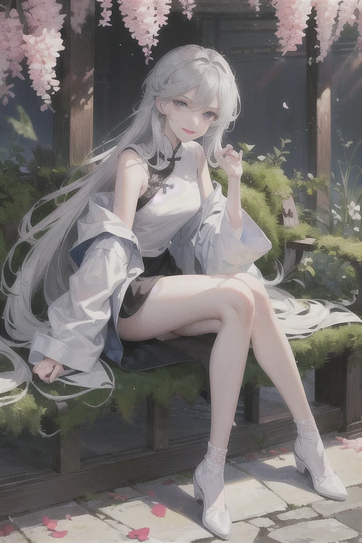masterpiece, Excellent, daytime, outdoor, Falling Flowers, Branches, China人, China, 1 girl, Perfect Woman, Woman with long silver hair, Gray blue eyes, Light pink lips, cold, Serious, Prosperity, Purple Eyes, White clothes, black clothing series, Delicate face, Delicate face, Sitting Legs, Smile