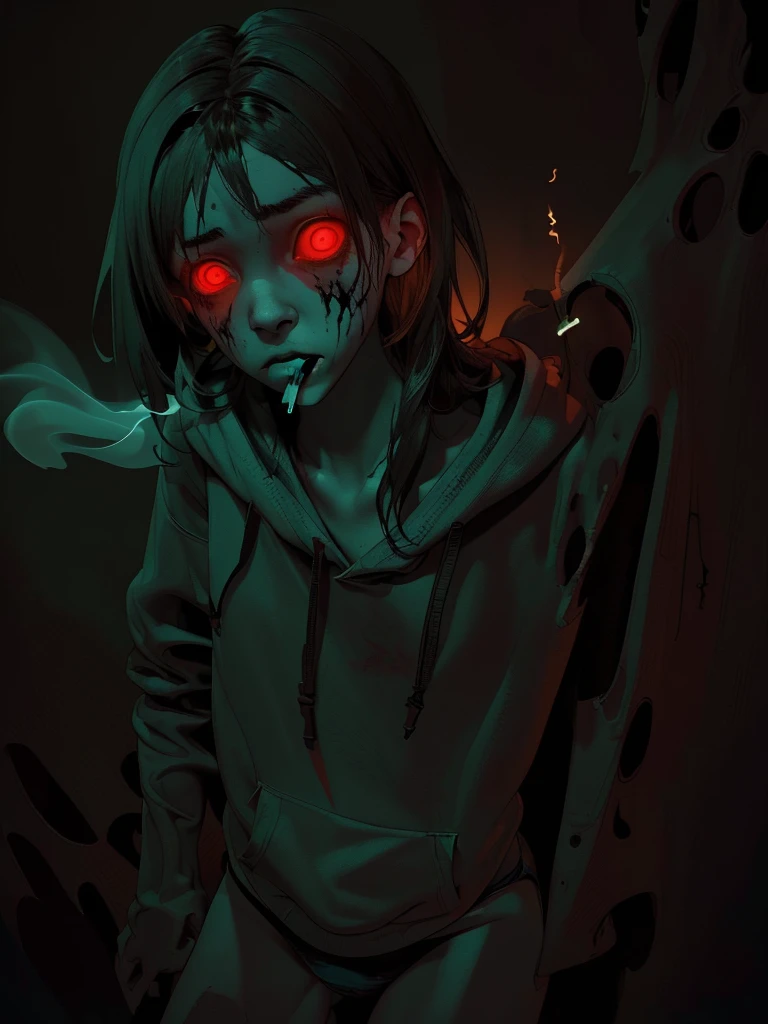 Mouth with a large split、Horror elements where the hair blinds you, girl smoking a cigarette, hoodie, panties (best quality, highres), dark atmosphere, eerie lighting, mysterious shadows, atmospheric fog, abandoned setting, intense emotions, disturbing details, haunting expression