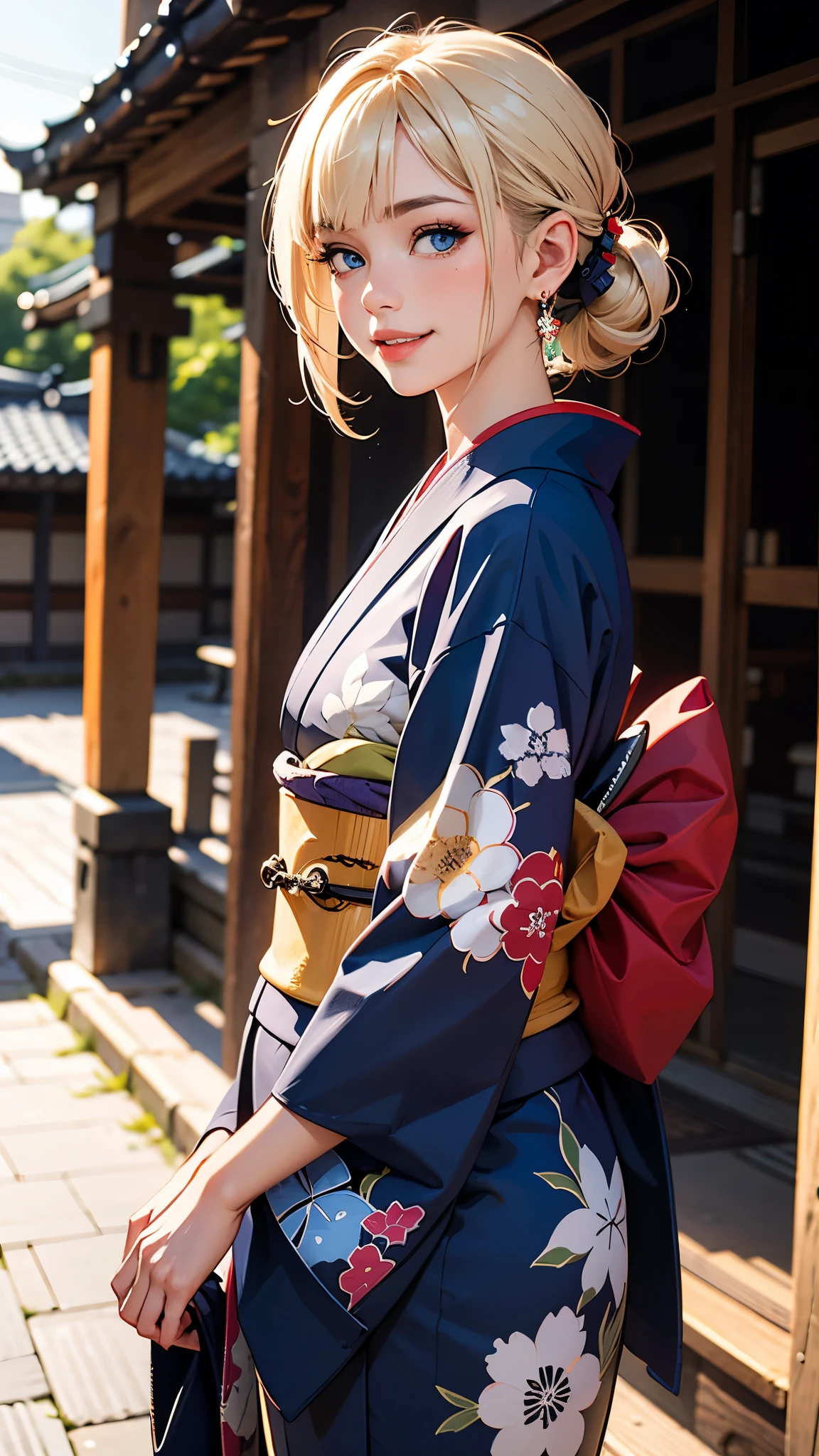 (RAW photo, best quality), (Beauty photography:1.3),(masterpiece), Composition from the waist up,Facing forward、((American Woman)),((Blue Eyes))((Blonde Hair)), ((chignon)), looking at the viewer, standing, Giddy-Smile:2, earrings, outdoors, Detailed traditional Japanese kimono,asymmetric_bangs,Streets of Kyoto, Japan、((formal japanese kimono))、((Background blur)),((sony A7R 80mm f1.6 Lenses))