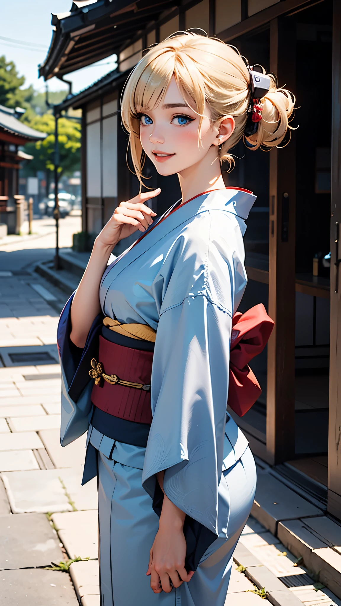 (RAW photo, best quality), (Beauty photography:1.3),(masterpiece), Composition from the waist up,Facing forward、((American Woman)),((Blue Eyes))((Blonde Hair)), ((chignon)), looking at the viewer, standing, Giddy-Smile:2, earrings, outdoors, Detailed traditional Japanese kimono,asymmetric_bangs,Streets of Kyoto, Japan、((formal japanese kimono))、((Background blur)),((sony A7R 80mm f1.6 Lenses))