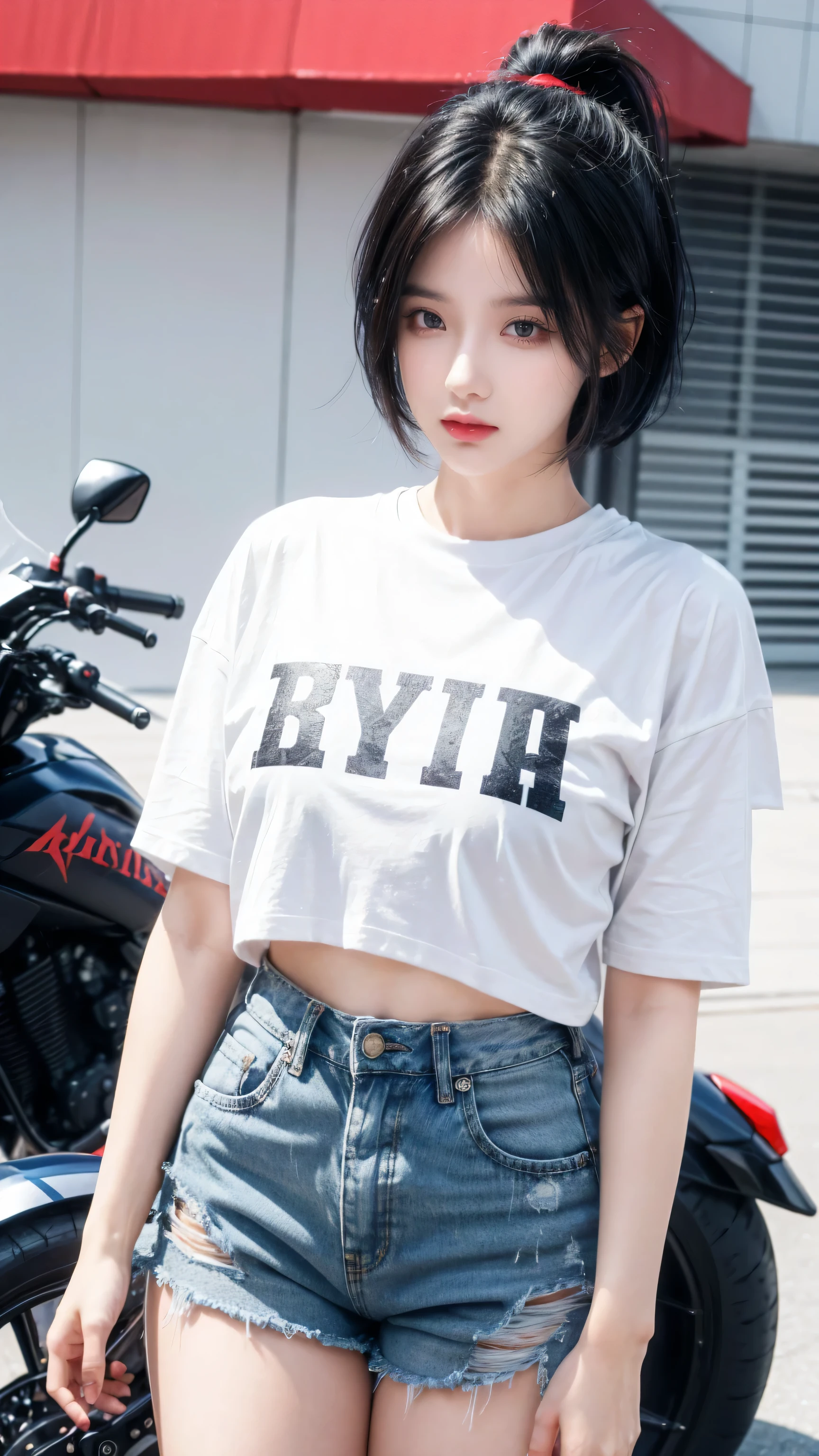 best quality, 1 Girl, dark blue hair, black eyes, Very short hair, Spiky hair, white and red TEXT oversize t-shirt, High waist short jeans, 171 cm, Messy hair, Hair between the eyes, Medium breasts, full, Tomboy, aldult, 20 years old, 1 Girl near red motorcycle