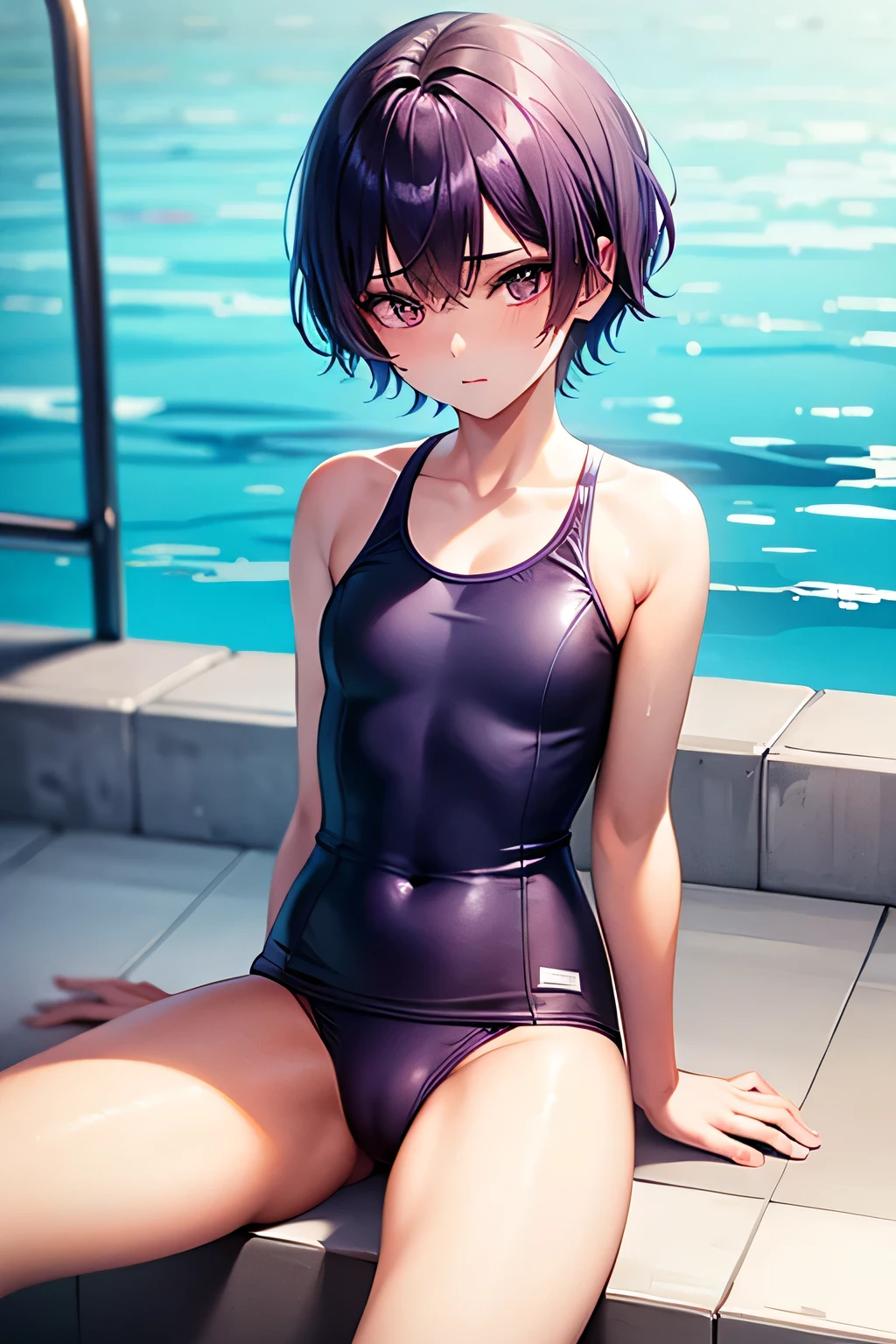 boyish girl,short hair,wolc cut,purple hair,sit,white school swim suit,pool,