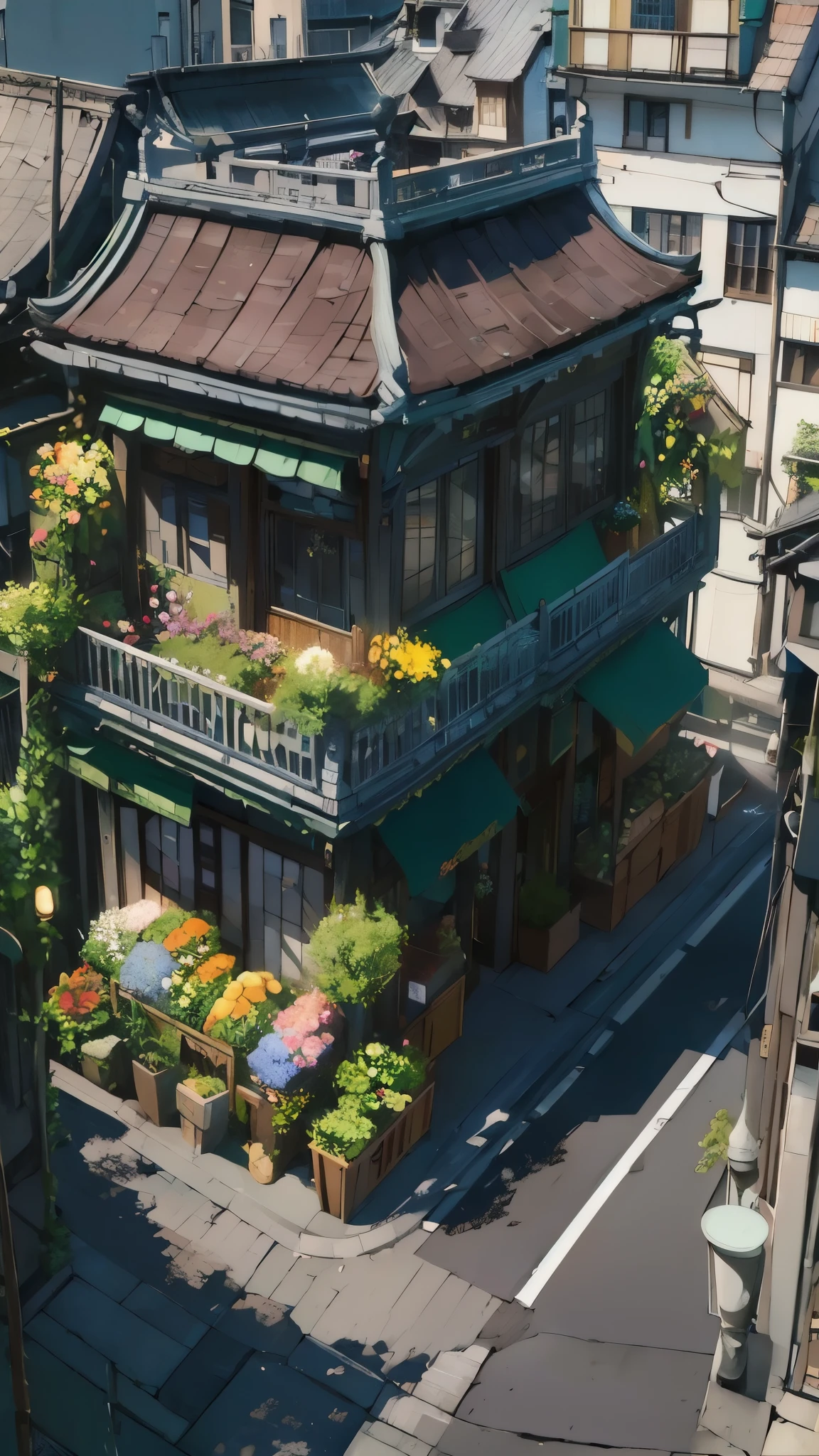 Ghibli anime style image, An european styled three story flower shop with a railing on the rooftop, the building is among other shops or houses in a japanese like alleys, point of view is from above, away from around six blocks of shops or houses, a very dramatic lightning and effective blur effects