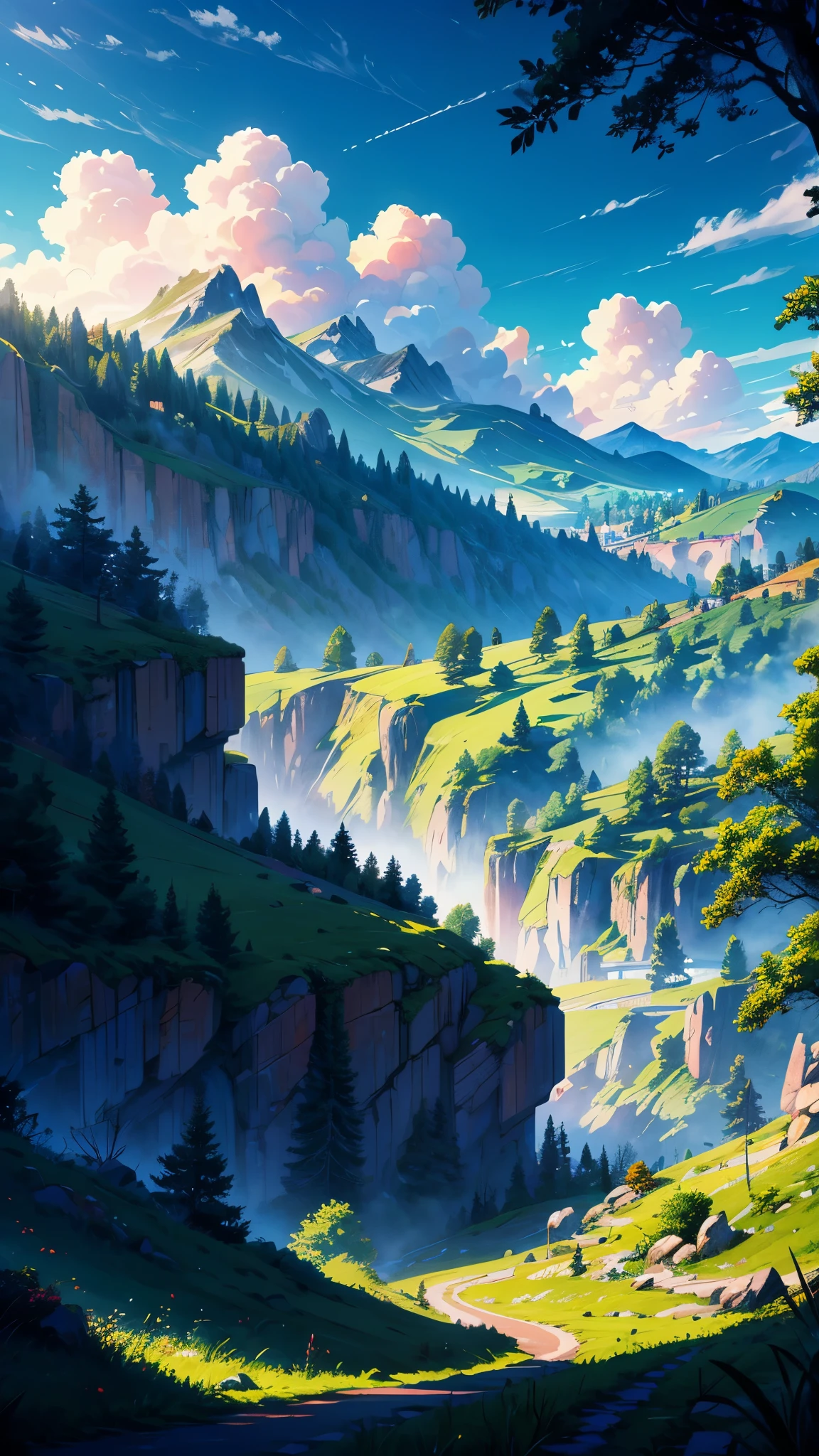 detailed anime digital painting, detailed illustration, serene landscape, road leading to mountains, rolling hills, lush greenery, beautiful sky, fluffy clouds, sunlight filtering through trees, picturesque scenery, tranquil atmosphere, vibrant colors, soft lighting, highly detailed, masterpiece, photorealistic, 8K
