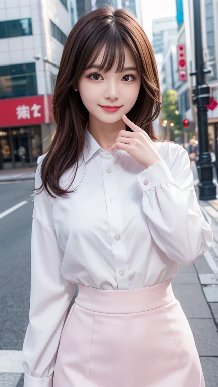 highest quality、8k wallpaper、Reality:1.4、Cinema Lighting、View your viewers、background:urban office district(Outdoor)、1 beautiful girl、Japanese Idol、19 years old、Beautifully detailed eyes、Detailed face、Beautiful Skin、Slender、Slim waist、Thin legs、Red lipstick、Fancy hairstyle:1.8、Random hair color、Light Hair、Asymmetrical bangs、White blouse、skirt、Jacket、Insurance Saleslady、smile:1.2