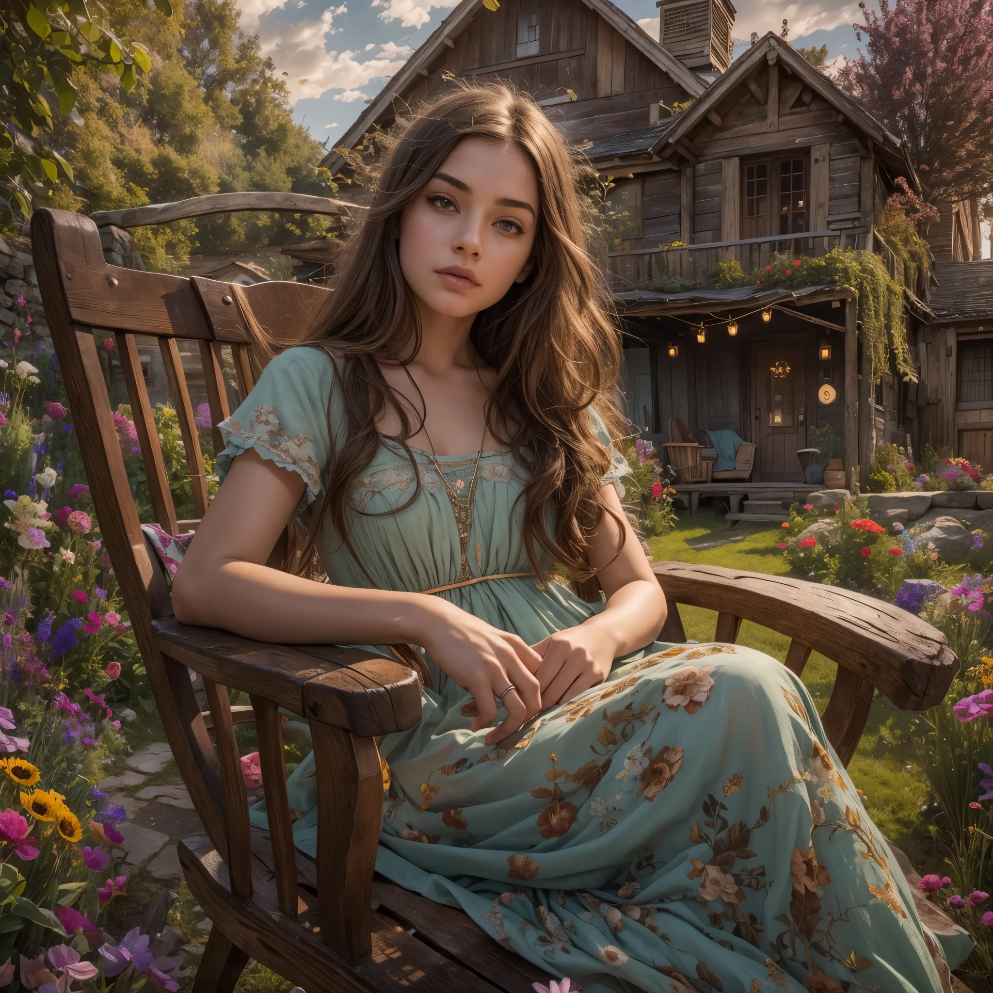 Masterpiece, Illustrate a scene featuring a young and enchanting girl seated in a rocking chair on a terrace, long brown hair, light hazel eyes, hi detailed face, ultra realistic face, ultra detailes eyes, 18 years old. The setting is a weathered wooden house adorned with clusters of dried grass, nestled on the tranquil banks of a river. Tall birch trees, vibrant flowers, and the mesmerizing touch of witchcore aesthetics complete this captivating tableau, 16K, ultra high res.photorealistic, HDR, UHD, DSLR, RAW, cinematic lighting