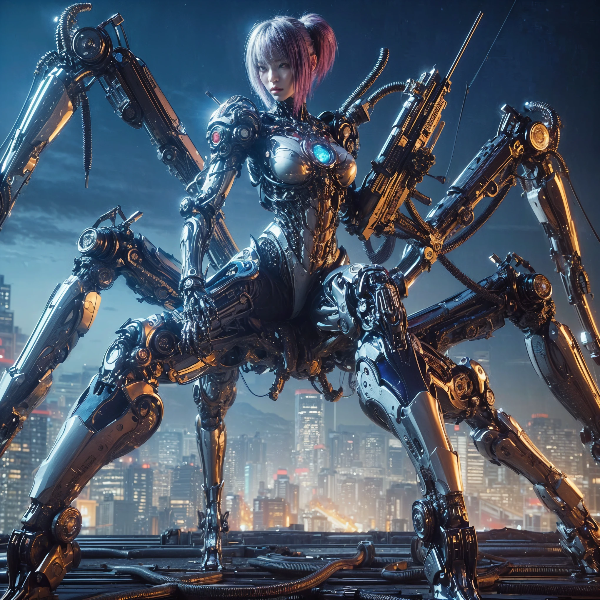 (top-quality:1.2, masterpiece), ultra high resolution, (Photorealsitic:1.4), (crab-base body), 1 Japanese female, extremely realistic face, (purple hair), ((ultimately intricate all details)), (whole body picture), realistic shadow, octan render, glossy textures, character edge light, Details of complex ornaments, dystopia with a beautiful view at night, fighting pose