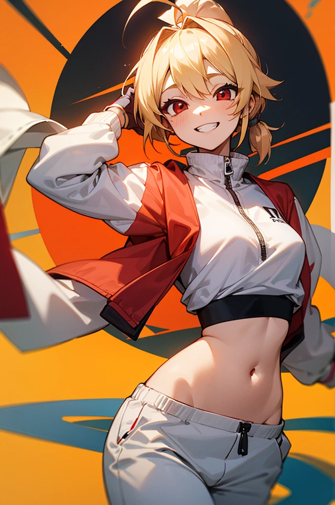 17 year old girl、blonde ponytail、Ahoge、big round red eyes、grin、small breasts、White sweatshirt、Belly button、White tracksuit pants