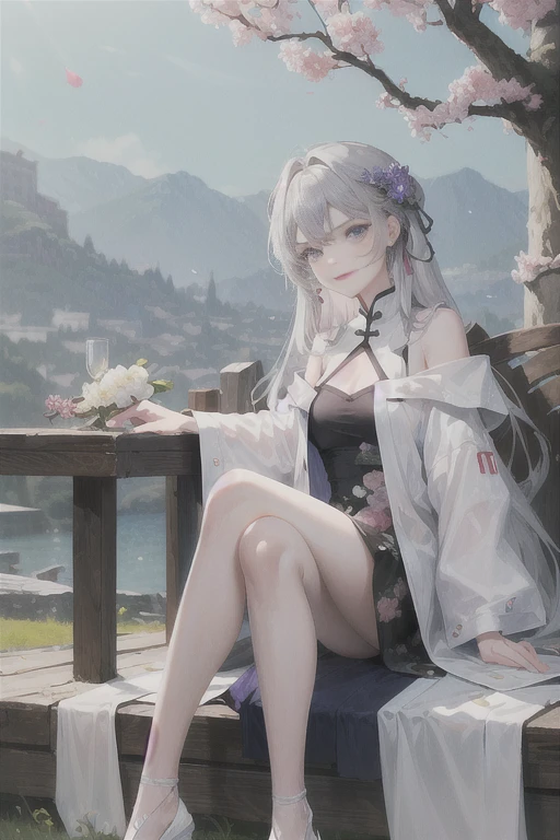 masterpiece, Excellent, daytime, outdoor, Falling Flowers, Branches, China人, China, 1 girl, Perfect Woman, Woman with long silver hair, Gray blue eyes, Light pink lips, Serious, ,Purple Eyes, White clothes, , Delicate face, Delicate face, Sitting Legs, Smile