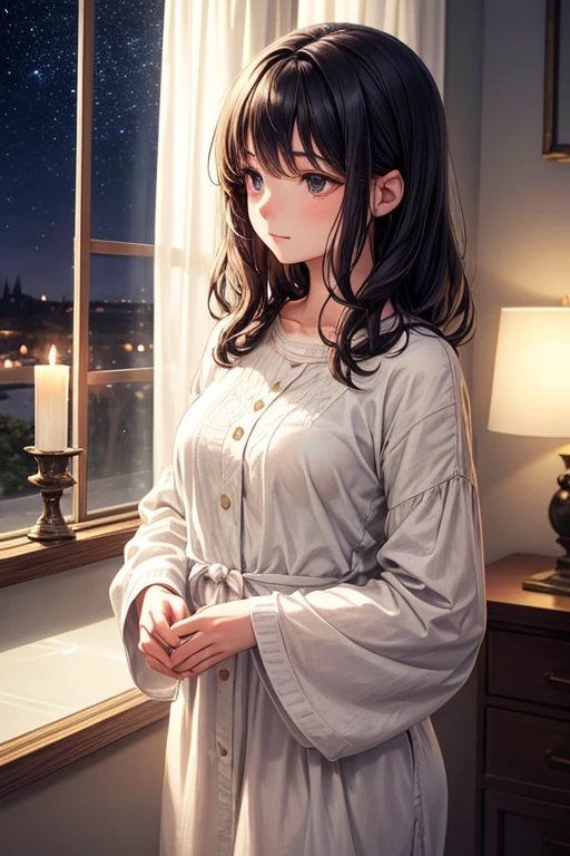 A young woman with short, wavy hair stands peacefully in a cozy, dimly lit room, gazing out the window at the starry night sky. Her expression is serene and thoughtful as she takes in the beautiful view outside. The room is softly illuminated, creating a warm and inviting atmosphere. The woman’s clothing is comfortable and casual, adding to the relaxed ambiance. The illustration style is soft, muted, and anime-inspired, with a focus on delicate lines, gentle shading, and an overall dreamy, whimsical quality. The background is slightly blurred, keeping the emphasis on the woman’s tranquil presence.