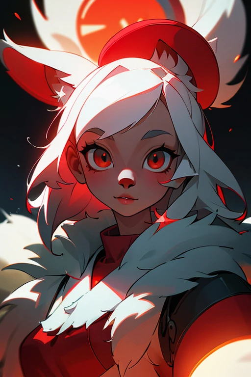 furry, white fur, ultra cute face, red elements on fur, glowing t-shrt, beautiful lights and shadows, ambient light, ultra detailed fur, volumetric light