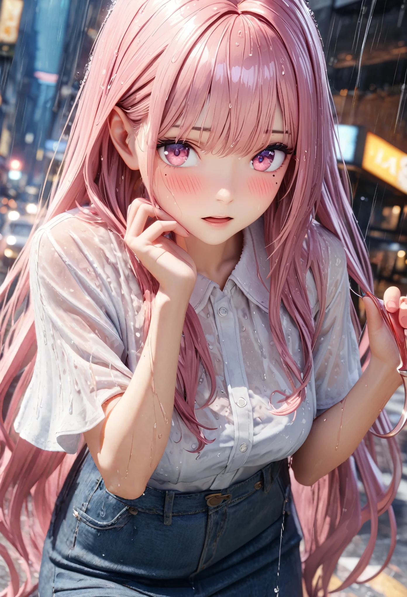masterpiece, best quality, highly detailed, high resolution, expensive resolution, high resolution, 4k, 8k, Unity 8k wallpaper, highly detailed CG, masterpiece, 2d, 3d, beautiful details, depth, fine texture, best quality: 1.3, perfectly focused, crisp skin, him, very cute anime girl, (sheer white blouse wet from pouring rain, denim miniskirt) (soaking wet and damp pink medium long hair, rain dripping from hair), big breasts, expensive pink medium long hair, pouring rain, soaking wet hair, soaking wet only daughter, downtown, mole under eye, looking at viewer, expensive, blush, mole, open lips, heart, pink eyes, soaking wet blouse, hair
