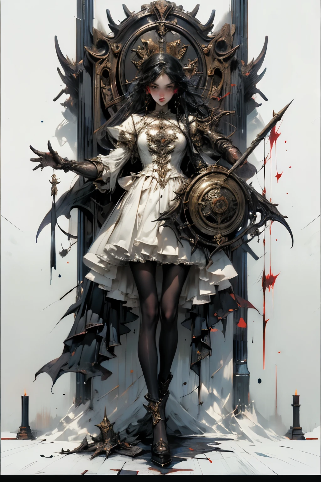 ((best quality)), ((masterpiece)), (detailed), perfect face ((best quality)), ((masterpiece)), (detailed), blank white background, plain background, white background, Bloodborne inspired, occult aesthetic, occult, detailed and intricate steampunk and detailed gothic, NSFW, Very dramatic and cinematic lighting, cosmic horror, grim-dark, side-lighting, perfect face, a beaituful goddess adorned and enshrined in armour, Bloodborne inspired , occult aesthetic, occult, detailed and intricate steampunk and detailed gothic, wielding a sword and holding a shield, NSFW, Fluttering lace flared long knee length dress with frilly petticoats, knee length dress, pleated petticoats, ta dress, petticoats gothic loliside-lighting, gothic lolita aetic, beautiful small breasts, small breasts, full body, whole body, body, plain background, white background, blank background, no background, white background NSFW, full body, whole body, head-to-toe