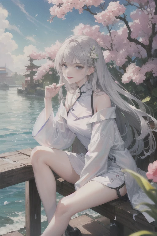 masterpiece, Excellent, daytime, outdoor, Falling Flowers, Branches, China人, China, 1 girl, Perfect Woman, Woman with long silver hair, Gray blue eyes, Light pink lips, cold, Serious, Prosperity, Purple Eyes, White clothes, black clothing series, Delicate face, Delicate face, Sitting Legs, Smile