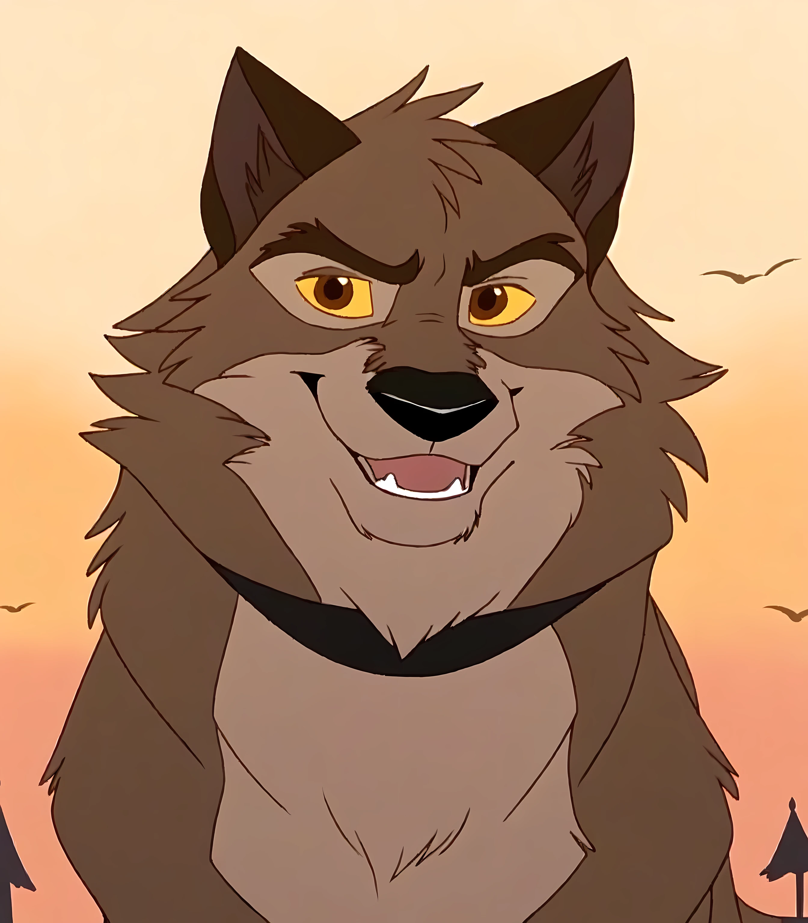 balto, full body, feral, detailed, detailed face, detailed eyes, quadruped, very muscular:1.0, pectorals:1.0, strong chest, biceps, wfa anatomy, black lineart, black outline, male, masculine, adult, wolf, wolf body, wolf tail, brown iris, yellow sclera, cartoon shading, cel shaded:1.0, black collar, strong body, confident, proud, speaking mouth, front view