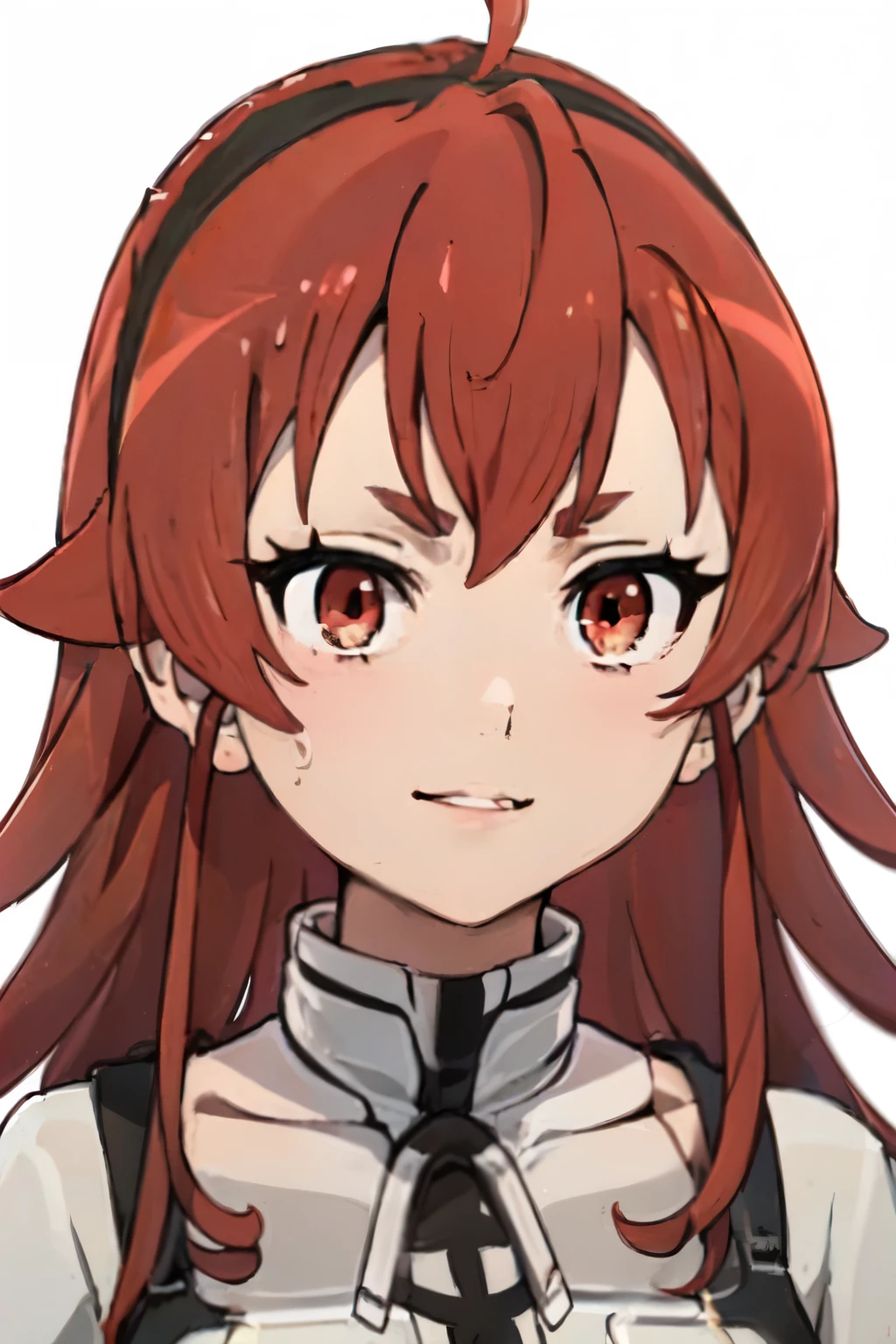 ((best quality)), ((masterpiece)), (detailed), perfect face. Asian girl. Red hair. Red eyes.