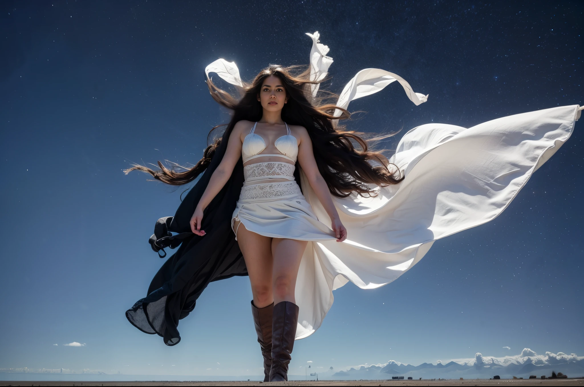 (YES SFW), [wabstyle, realistic hands, high details], beauty plump Warrior woman with brown hair in white leather boots, sword, ((proportional body))，Refined looks，Fairy air fluttering，The gauze skirt flew up，Take photos on the beach，ultra-realistic realism，color field printing，high detal，hyper HD，anatomy correct，cinematic lighting 4d quality. Perfect simmetrical face. The perspective is from below, emphasizing the sheer majesty and power of the woman. ((The perspective is from below, emphasizing the sheer majesty and power of the woman))