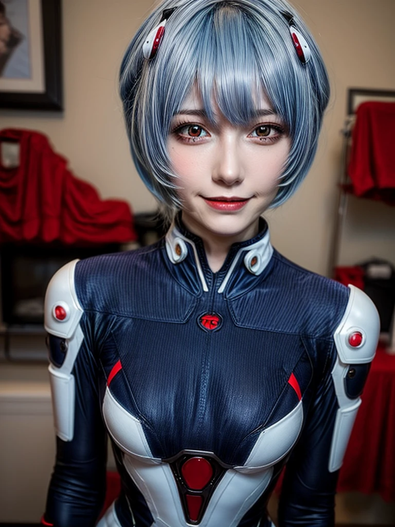 Masterpiece, highest quality, 8K, detailed skin texture, fine cloth texture, beautiful detailed face, intricate details, super detailed, portrait of Rei Ayanami, blue hair, red eyes, looking far away, no background, Evangelion Wearing a plug suit when riding, plug suit, whole body visible, standing, arms crossed, , beautiful, cute, great style, smiling,composition that shows the whole body,