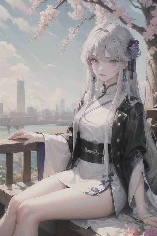 masterpiece, Excellent, daytime, outdoor, Falling Flowers, Branches, China人, China, 1 girl, Perfect Woman, Woman with long silver hair, Gray blue eyes, Light pink lips, cold, Serious, Prosperity, Purple Eyes, White clothes, black clothing series, Delicate face, Delicate face, Sitting Legs, Smile