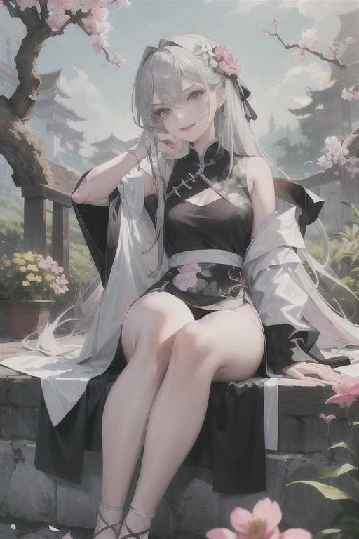 masterpiece, Excellent, daytime, outdoor, Falling Flowers, Branches, China人, China, 1 girl, Perfect Woman, Woman with long silver hair, Gray blue eyes, Light pink lips, cold, Serious, Prosperity, Purple Eyes, White clothes, black clothing series, Delicate face, Delicate face, Sitting Legs, Smile