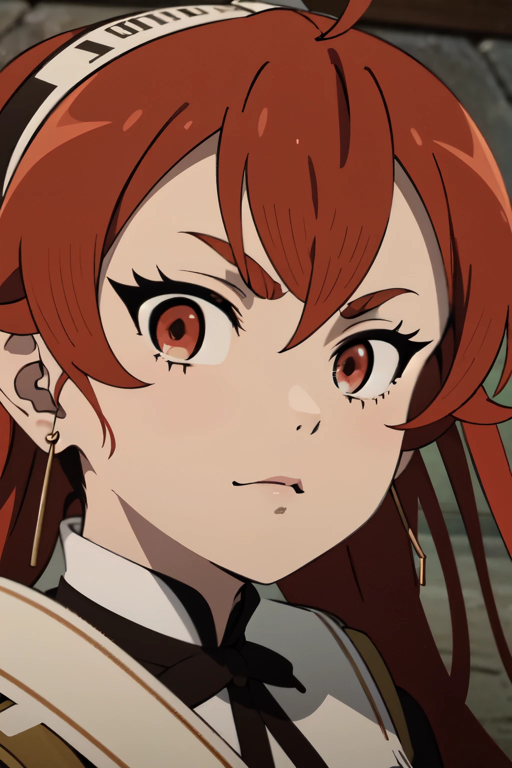 ((best quality)), ((masterpiece)), (detailed), perfect face. Asian girl. Red hair. Red eyes.