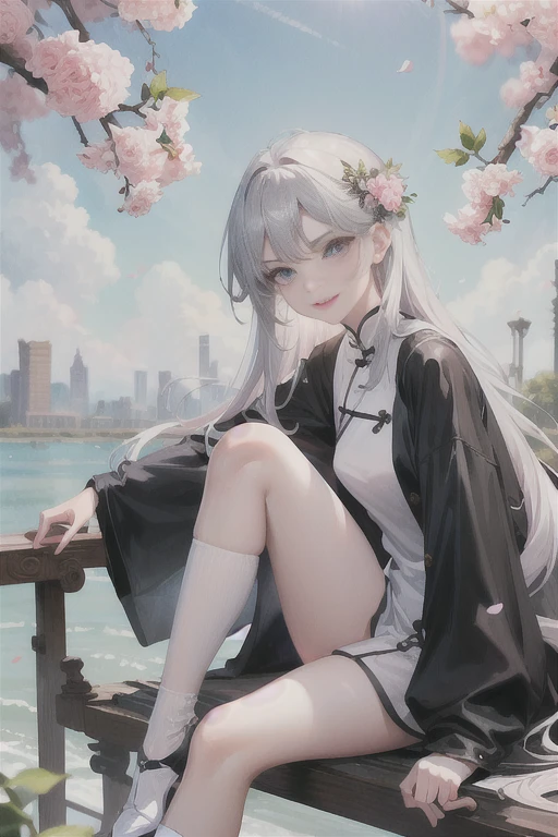 masterpiece, Excellent, daytime, outdoor, Falling Flowers, Branches, Chinese, China, 1 girl, Perfect Woman, woman with long silver hair, Gray blue eyes, Light pink lips, cold, Serious, boom, Purple Eyes, White clothes, Black clothing series, Delicate face, Delicate face, Sitting Legs, Smile