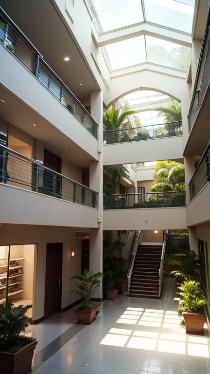 neighborhood mall,
two storys,
two floors,
garden,
smoth natural light,
rain forest vegetation,
smoth light,