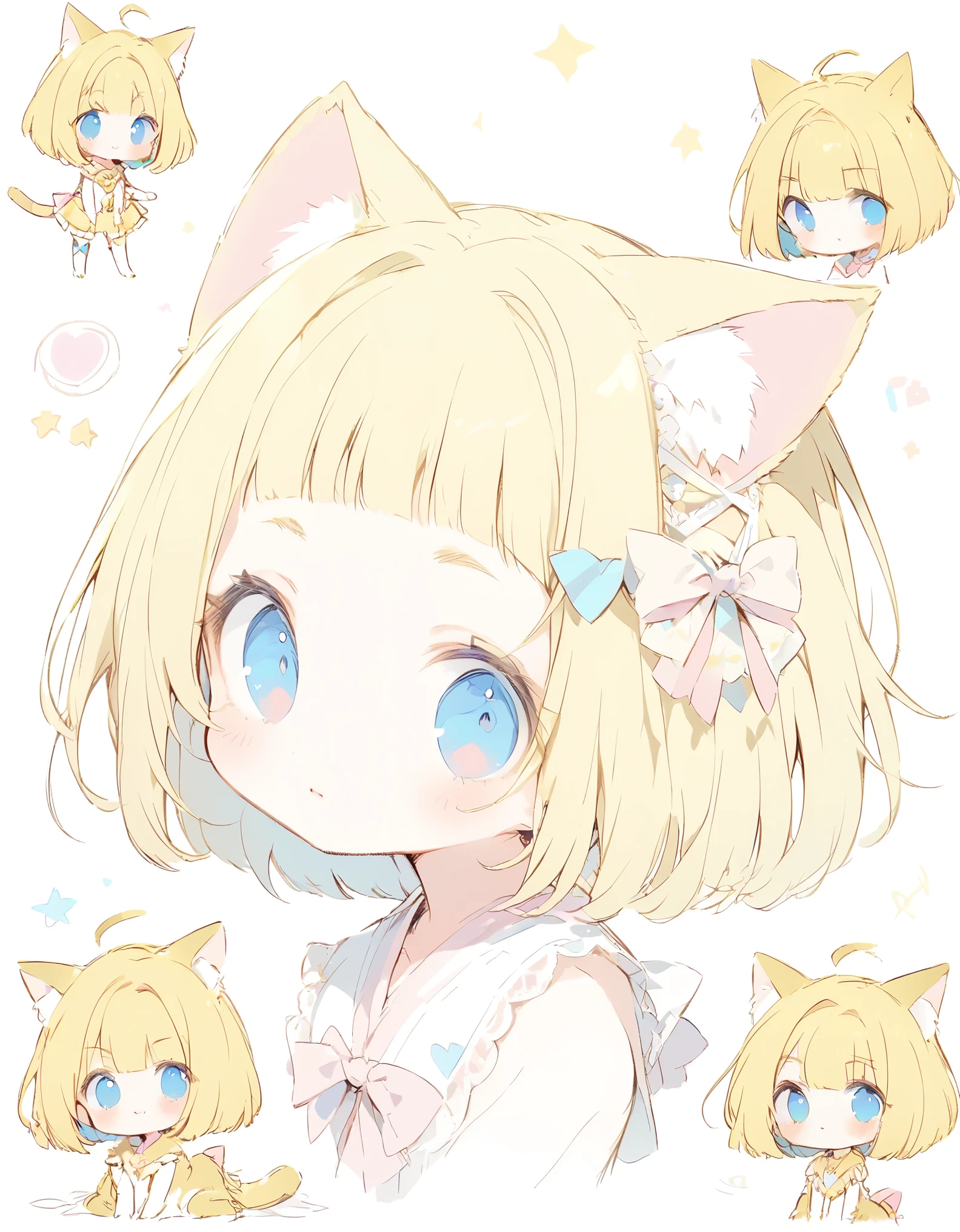 A single magical girl poses cutely in the center(Sketches), (Open Close), (Small body), (Pink Cheeks), (Golden cat ears), (Cute cat ears),Golden Hair, (Short Bob Hair:1.4), (Blue eyes), (Big Hair) , (fringe), (More about the Strand), (White Background),
