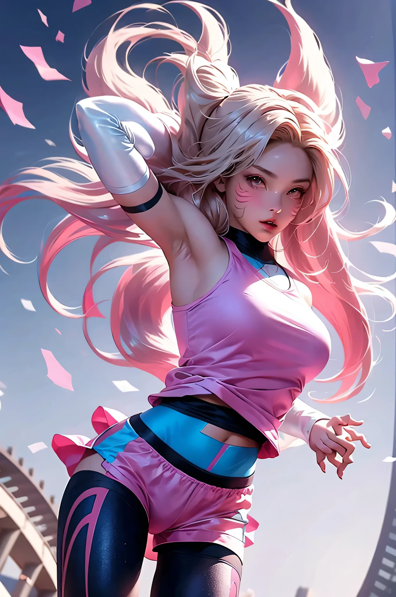 1 girl, solo, running, Gray Track Top, pink shorts, ponytail, athletic build, dynamic brushstrokes, fluid movement, capturing the essence of her athleticism and energy, using light colors and soft tones to create a dreamy and ethereal atmosphere, portraying the motion and grace of running, showing the wind blowing her ponytail and clothes, and the scenery of her surroundings.

outdoors, detailed background, Modern metropolis,