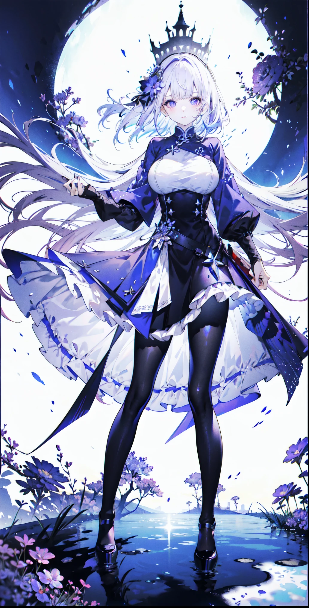 ((masterpiece:1.4,best quality)),(Super detailed),(Extremely detailed eyes),(Shiny socks:1.5),Hello Darkness
(Cute girls),,(Blood-red pupils,Diamond-shaped pupil:1.15),Purple Eyeshadow,(elongated hair,Thick hair,Single ponytail,shiny hair:1.5)(Changes through:1.2),despair,sad,Empty eyes,tears streaming down my face,tilting its head to the side,
(She wore a blue dress,:1.5),(Black gloves:1.4)Very long plush sleeves,White,White Cloud,Dream bubbles ,Ice and glitter effects
(Black long skirt:1.1),
((Starry Sky:1.2)),
(Intense black and white:1.16),(Depth of Field:1.4),,Intricate details,(((Detailed background,Castle in the Sky,Purple flowers by the lake))),(((Huge breasts,Bare breasts,Deep cleavage,White stiletto high heels,Transparent clothes)))