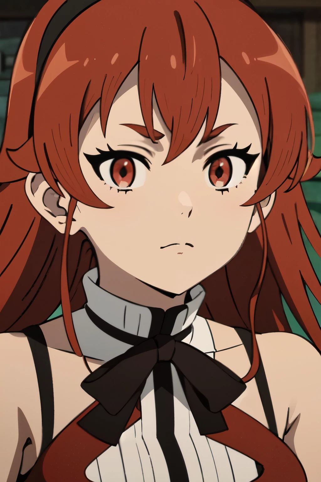 ((best quality)), ((masterpiece)), (detailed), perfect face. Asian girl. Red hair. Red eyes.