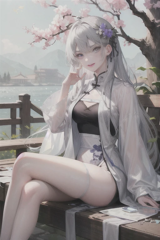masterpiece, Excellent, daytime, outdoor, Falling Flowers, Branches, China人, China, 1 girl, Perfect Woman, Woman with long silver hair, Gray blue eyes, Light pink lips, cold, Serious, Prosperity, Purple Eyes, White clothes, black clothing series, Delicate face, Delicate face, Sitting Legs, Smile