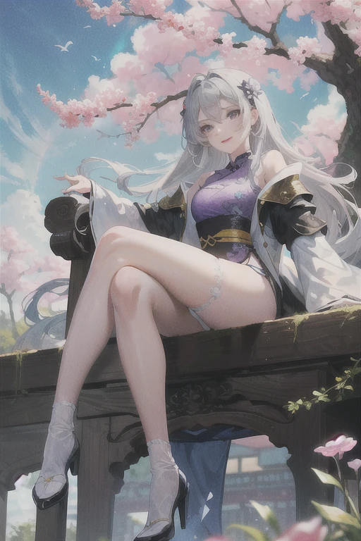 masterpiece, Excellent, daytime, outdoor, Falling Flowers, Branches, China人, China, 1 girl, Perfect Woman, Woman with long silver hair, Gray blue eyes, Light pink lips, cold, Serious, Prosperity, Purple Eyes, White clothes, black clothing series, Delicate face, Delicate face, Sitting Legs, Smile