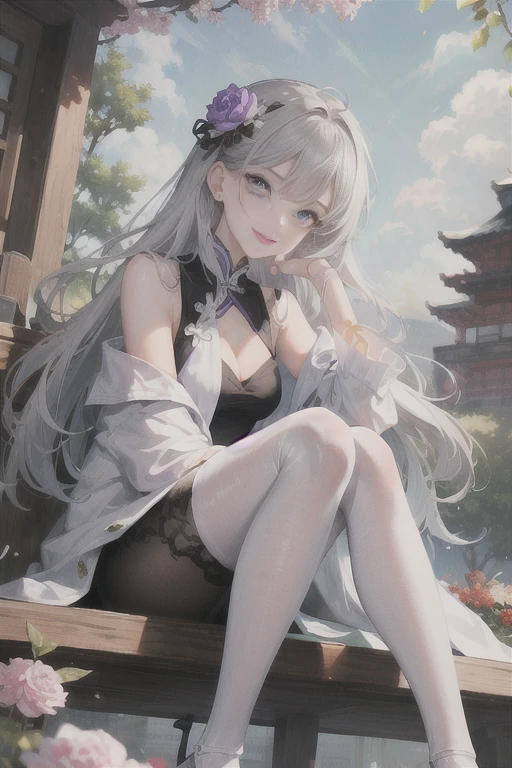 masterpiece, Excellent, daytime, outdoor, Falling Flowers, Branches, China人, China, 1 girl, Perfect Woman, Woman with long silver hair, Gray blue eyes, Light pink lips,  Serious, ,Purple Eyes, White clothes, , Delicate face, Delicate face, Sitting Legs, Smile