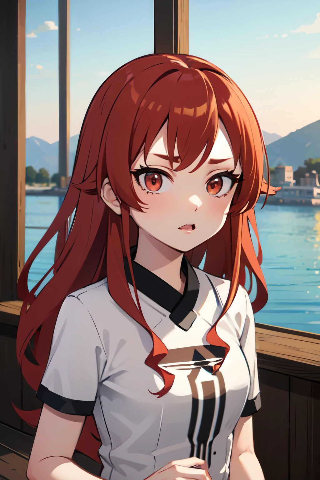 ((best quality)), ((masterpiece)), (detailed), perfect face. Asian girl. Red hair. Red eyes. Small breast. T-shirt.