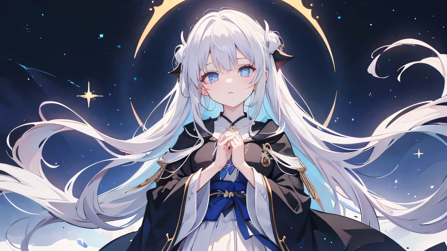 (4K quality)(Highest quality)(Pay attention to detail)(Watch your hands),Anime Girl,Traditional black magic robe,White long hair,Blue Eyes,arrogant,cute,grace,Spells are being cast,Magic Effects,Starry sky background,(Scenario optimization)
