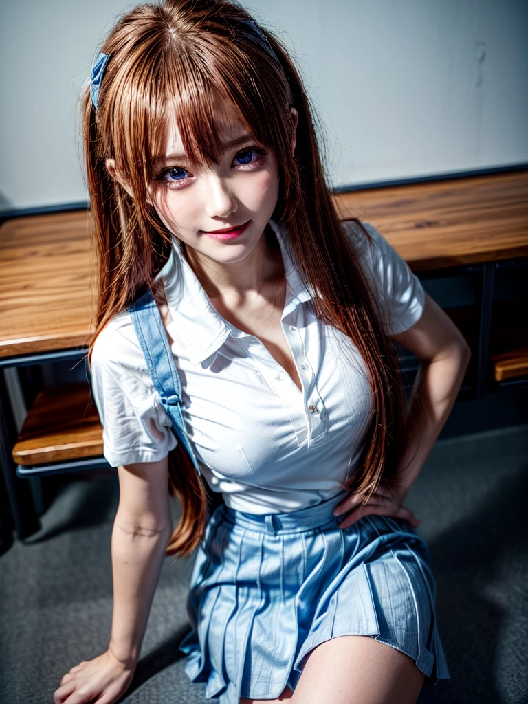 (8k, highest quality, Pieces fly:1.2)、Ultra-high resolution、anime,1 very pretty girl,Asuka Langley,Highly detailed face, Fine grain,blue eyes,,White sailor collar plain short sleeve shirt,Light blue skirt,Light Blue Suspenders,uniform_Red ribbon,Orange Hair,Long Hair、Detailed hand and fingers,put your hands in your hair,Grin、sitting on desk,Shooting from above,classroom