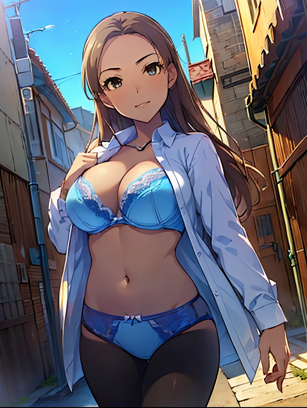 (masterpiece) highest quality, Very detailed, Ultra-realistic, 、Brown Hair、、City、、(((blue sky))、、、、、noon、、.Delicate painting、High resolution、smile、Pause、((((((solo)))))、、From below、、.Alley、walk、Cowboy Shot、Delicate face。Turning Face、Passengers、tourist、、p、、tights、、((Open shirt))、Big Breasts、((bra))、lingerie、panties