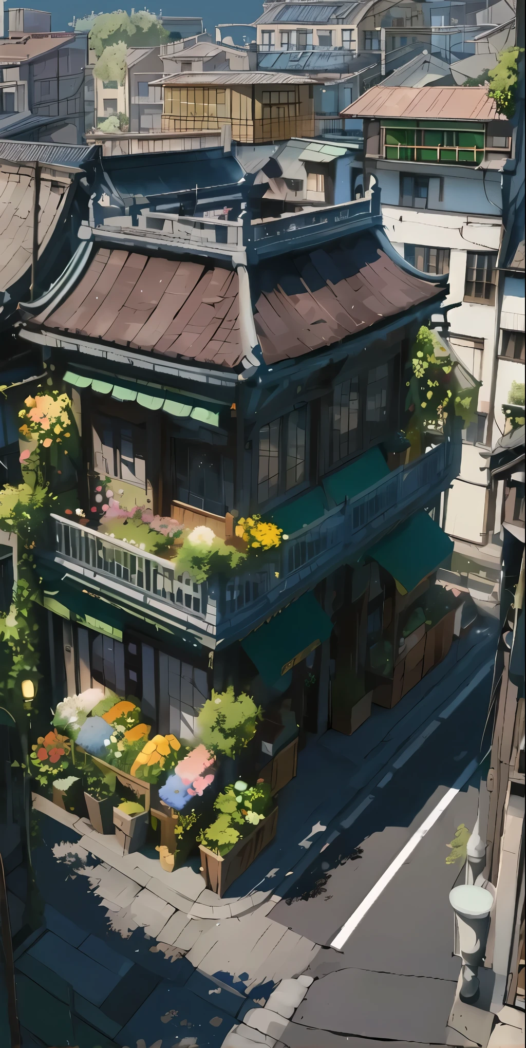 Ghibli anime style image, An european styled three story flower shop with a railing on the rooftop, the building is among other shops or houses in a japanese like alleys, point of view is from above, away from around six blocks of shops or houses, a very dramatic lightning and effective blur effects
