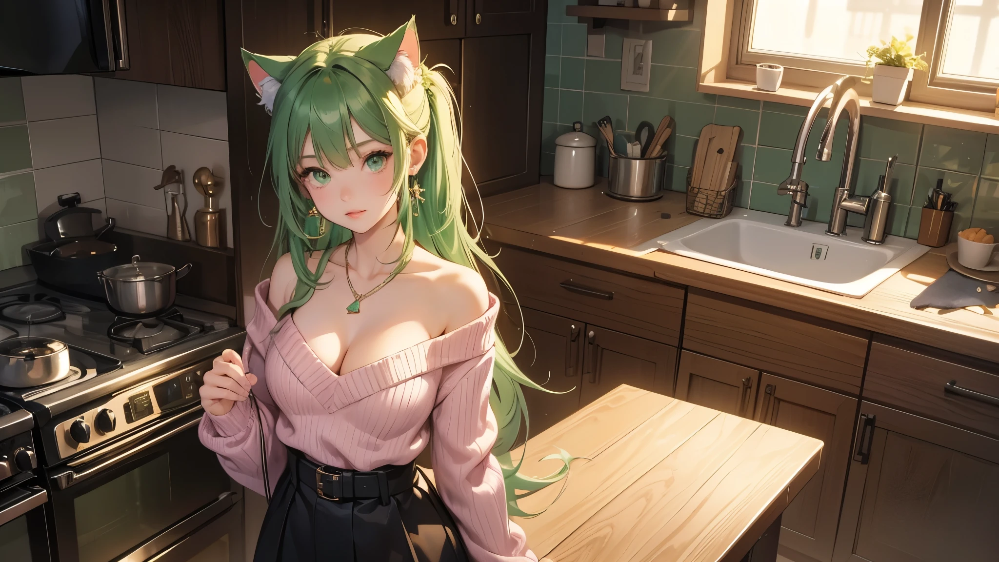 1girl, high resolution, high detail milf, view from above head, mature female, cowboy shot, looking at viewer, blurry background, indoor, kitchen, green hair, green eyes, very long hair, side ponytail, wavy hair, cat ear, pink lips, collarbone, necklace, earrings, small breasts, standing, cleavage, (((only wearing sweater))), bare shoulder, black stocking, thick thighs, wide waist