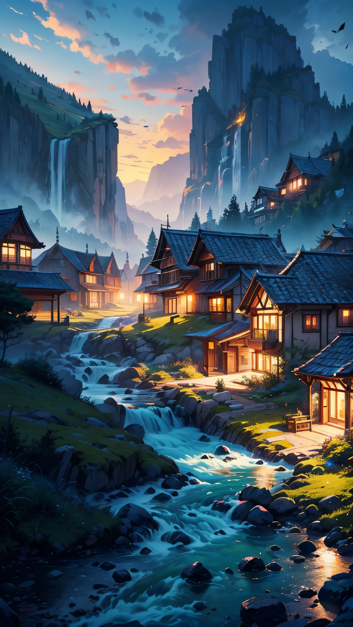 A detailed anime-style digital art of a pleasant village scene in the mountains,  village houses in the mountains, sakura trees, flowing river, detailed clouds in the sky, warm lighting, vibrant colors, digital painting, intricate details, masterpiece, (best quality,4k,8k,highres,masterpiece:1.2),ultra-detailed,(realistic,photorealistic,photo-realistic:1.37),studio lighting,ultra-fine painting,sharp focus,physically-based rendering,extreme detail description,professional,vivid colors,bokeh,anime,landscape