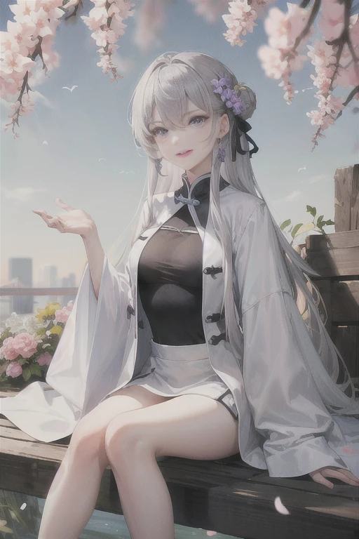 masterpiece, Excellent, daytime, outdoor, Falling Flowers, Branches, China人, China, 1 girl, Perfect Woman, Woman with long silver hair, Gray blue eyes, Light pink lips, cold, Serious, Prosperity, Purple Eyes, White clothes, black clothing series, Delicate face, Delicate face, Sitting Legs, Smile