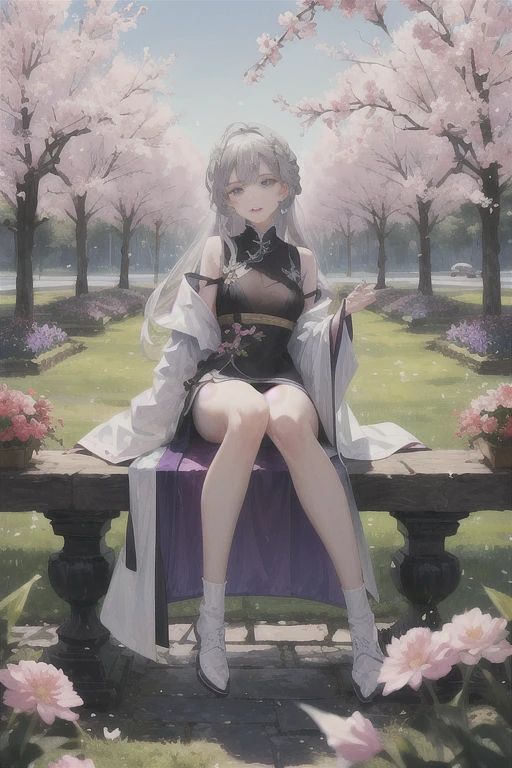masterpiece, Excellent, daytime, outdoor, Falling Flowers, Branches, China人, China, 1 girl, Perfect Woman, Woman with long silver hair, Gray blue eyes, Light pink lips, cold, Serious, Prosperity, Purple Eyes, White clothes, black clothing series, Delicate face, Delicate face, Sitting Legs, Smile
