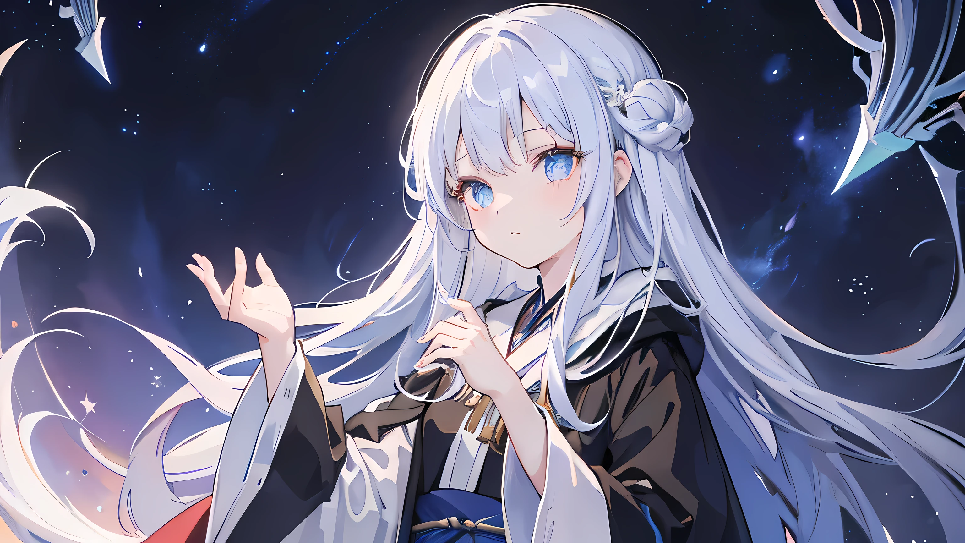 (4K quality)(Highest quality)(Pay attention to detail)(Watch your hands),Anime Girl,Traditional black magic robe,White long hair,Blue Eyes,arrogant,cute,grace,Spells are being cast,Magic Effects,Starry sky background,(Scenario optimization)