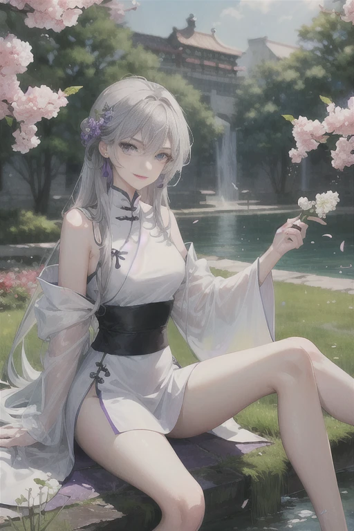 masterpiece, Excellent, daytime, outdoor, Falling Flowers, Branches, China人, China, 1 girl, Perfect Woman, Woman with long silver hair, Gray blue eyes, Light pink lips, cold, Serious, Prosperity, Purple Eyes, White clothes, black clothing series, Delicate face, Delicate face, Sitting Legs, Smile