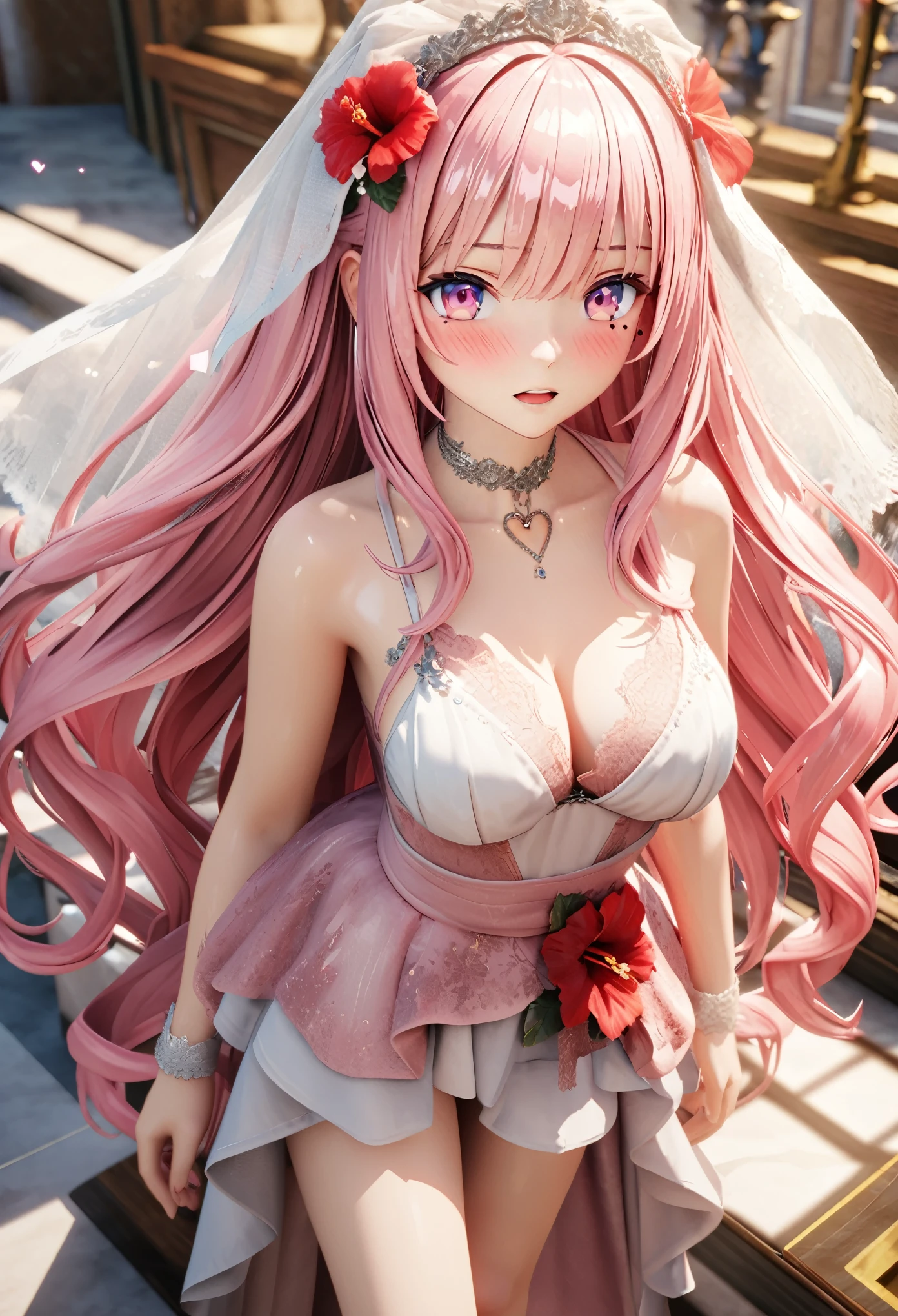 masterpiece, best quality, highly detailed, high resolution, expensive resolution, high resolution, 4K, 8k, Unity 8k wallpaper, highly detailed CG, masterpiece, 2D, 3D, beautiful details, depth, fine texture, best quality: 1.3, perfect focus, crisp skin, him, very cute anime girl, bikini, wedding veil with hibiscus decoration, full body big breasts, pink medium long hair in expensive clothes, mole under eye, looking at the viewer, expensive, blush, mole, open lips, heart, pink eyes, choker